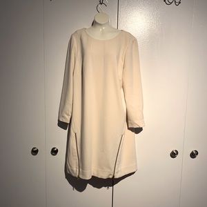 J Crew Sz 10 Dress Sheath Ivory 3/4 Long Sleeve  Canvas Zippers Round Neck
